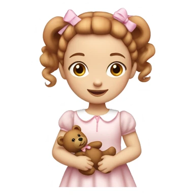 Little Girl with White skin, blue eyes. Light brown and red hair in two ponytails, with light pink bows.  She is wearing a light pink and White dress, standing and holding a teddybear with a pink bow. sticker