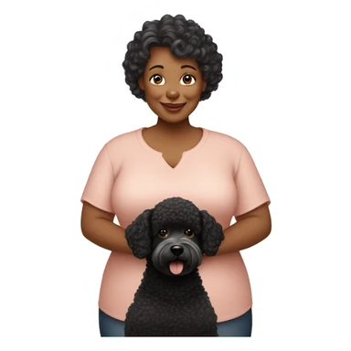 50 year old chubby woman with 03 dogs being a black poodle, a big ear caramel and a baby shorthair caramel sticker