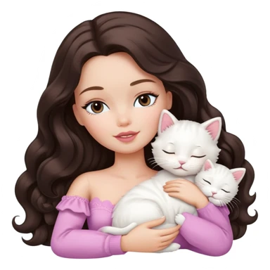 White Barbie girl dark brown long wavy hair sleeping with white kitty sticker