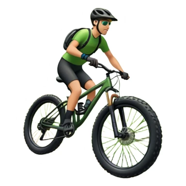An icon showing a mountain bike with thick tires on a forest trail, surrounded by trees and natural terrain. The background features a lush green forest with sunlight filtering through the branches, and a winding path ahead. Transparent background highlights the  adventure of mountain biking. sticker
