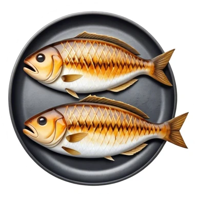 Gradele Cinematic Realistic Gradele Dish Emoji, depicted as 2 perfectly grilled fish with prominent grill marks and a smoky finish, rendered with vivid textures and dynamic, natural lighting. sticker