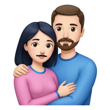 Tall white man with brown mustache goatee wearing blue AND a short pale woman with long black hair wearing pink, hugging sticker
