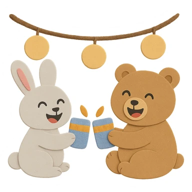 Make the image more visually appealing with both the bunny and bear having laughing faces, and ensure the body parts of the bear and bunny are visually good looking and matching. Keep all other design elements unchanged sticker