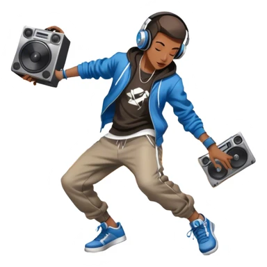 Icon for Street Dance: a dancer in urban streetwear performing a dynamic lower breakdance move, with a spray-painted background, headphones, and a boombox on the asphalt. The icon should capture the energy, style, and creativity of street dance culture. Transparent background. sticker