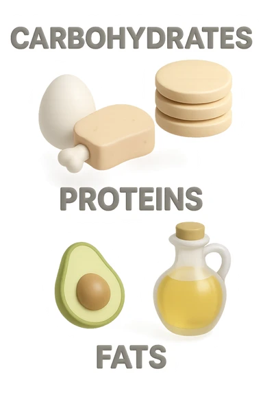 macros come carboidrati proteine e grassi, fluttuano in aria in 3d, sfondo bianco sticker