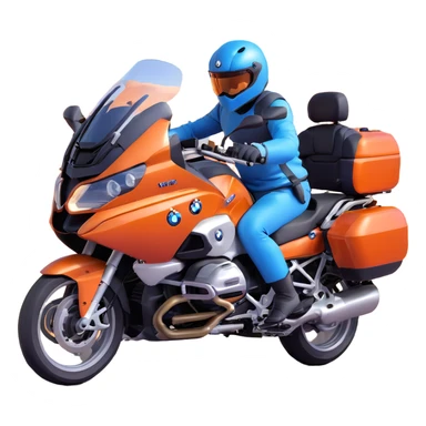 blue BMW R 1200 RT touring motorcycle with rider on road sticker