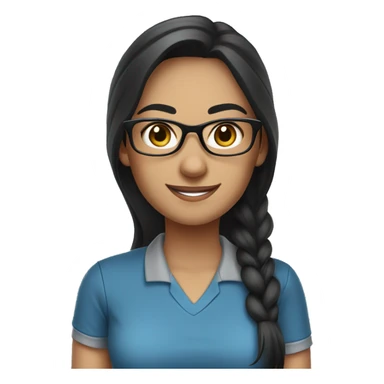 female teacher, long black hair with some grey, wearing blue eyeglasses. Brown eyes. Wearing a polo shirt. Smiling sticker