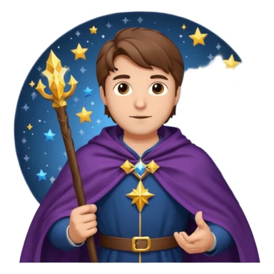 Brown haired man with a cape and a wizard staff and stars around him sticker