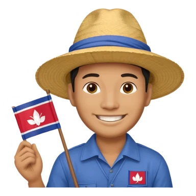 Cambodian man Tourist Guide with small cambodian flag in hand and traditional cambodian hat sticker