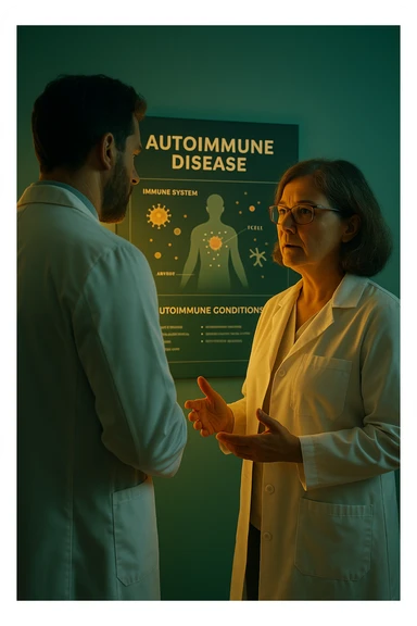 Realistic, detailed photo taken from behind of one doctor e un paziente —a bearded man and a middle-aged woman—standing and facing each other as they discuss an autoimmune disease diagnosis in front of a medical chart that displays information about the immune system and autoimmune conditions. The scene is illuminated by a yellowish, orange, warm light that softly envelops the doctors. The entire room is bathed in a single green-blue color, creating a cohesive and modern atmosphere. Both doctors wear white coats, and their body language suggests a serious, professional conversation about the complexities of autoimmune diseases. Shot with a Canon EOS R5, with high detail and natural depth of field. in italiano sticker