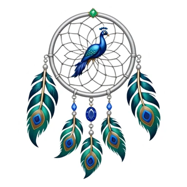 a Silver Dreamcatcher with sapphire-stones and emerald-stones, and with peacock-feathers sticker