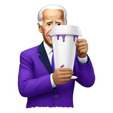 biden with purple liquid spilling out of white cup sticker