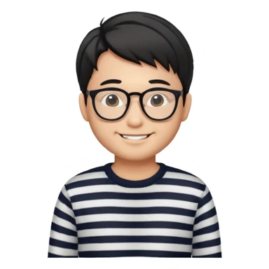 asian man with black curtains styled hair in striped sweater standing smiling and in glasses sticker