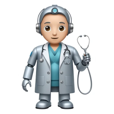 robot with a doctor's coat and a stethoscope sticker