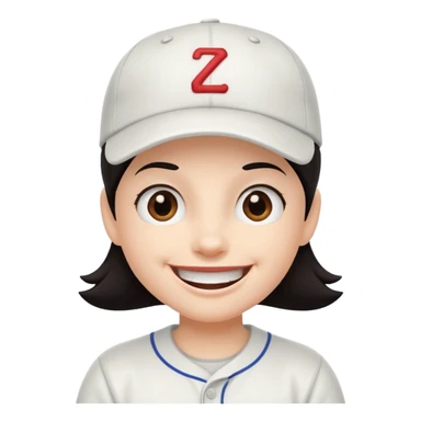 Digital illustration of a cartoon character with a big smile on its face. The character has dark hair and is wearing a white baseball cap. The overall style of the illustration is cute and playful. sticker
