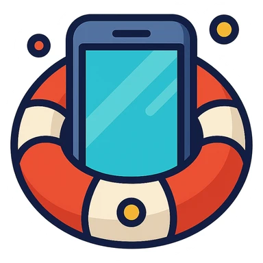 Create a mixed version of a smartphone inside a lifebuoy, combining the colorful outline icon style and vibrant cartoon style. Use vibrant colors, cartoon details with clean lines, and a transparent background. sticker