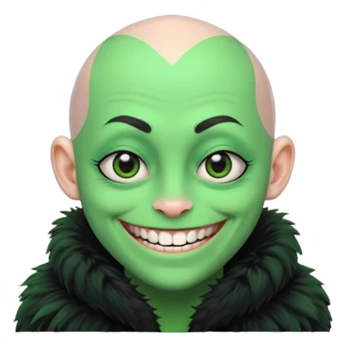 A bald person with bright green sclera and bright green teeth, grinning widely. Has fluffy black neck fur, with a fluffy black body sticker