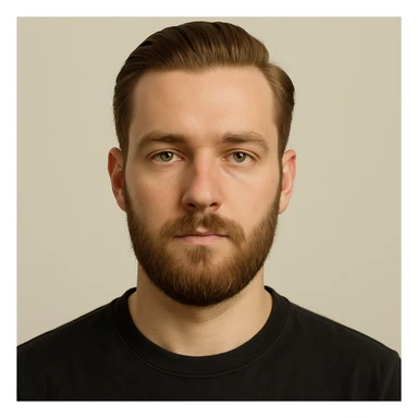 portrait of a young man with short light chestnut hair slicked back, medium-length thick beard, light green eyes, fair skin, oval face, neutral expression, wearing a dark t-shirt, plain light background, shoulder-up front view sticker
