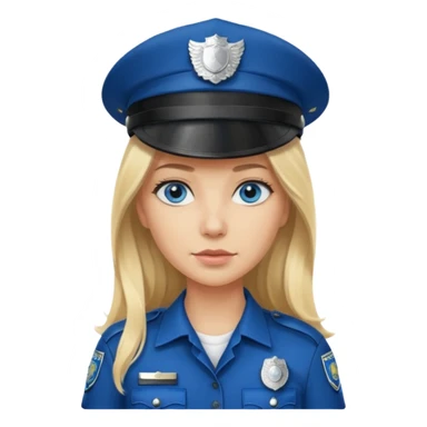 A blonde long hair woman wearing a dark police hat with a silver badge, looking straight ahead with a calm expression. sticker