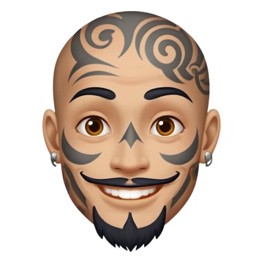 man with bold face tattoos, happy face sticker