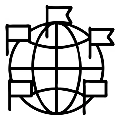 Outlined world globe with different national flags marked on the continents sticker