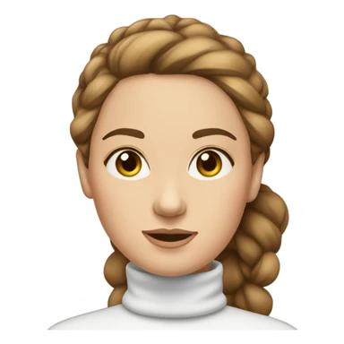 White woman with brown hair in bun wearing a turtleneck that is white sticker