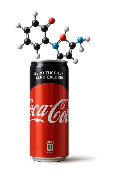 rappresenta una molecola chimica di aspartame che esce da una lattina di coca cola zero, iperrealistica 4k sticker