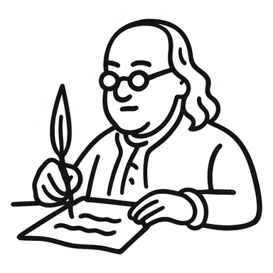 Create a minimalist black outline style illustration with no fill, matching the reference style. Depict Ben Franklin writing with a scribe onto the Declaration of Independence. The style should be suitable for a startup logo, clean and simple with hand-drawn black outlines and no color fill. sticker