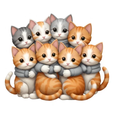 6 tiny kittens cuddling together all various different natural colours including solid grey with white mittens, grey and white, ginger and white, calico and brown and white sticker