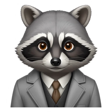 Cinematic-Noble-Raccoon-Portrait-Emoji – Poised and confident, with a sturdy build and a beautifully textured coat of silver-grey accented by dark black facial markings, deep-set, intelligent brown eyes, simplified yet sharp and sophisticated. sticker
