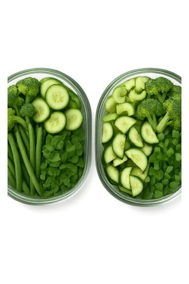 verdure tagliate e sistemate in due schiscette di vetro viste dall'alto, iperrealistico 4k sticker