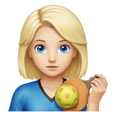 Blond girl with hair parted in the middle blue eyes holding a pickleball sticker