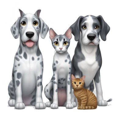 Blue Merle Great Dane next to two tabby cats and one black cat sticker