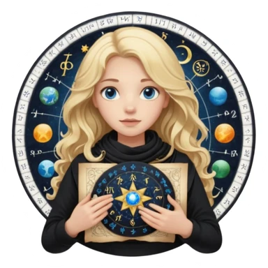 A long wavy haired blonde girl with blue eyes, wearing black, with a scarf on, holding astrology natal chart paper   sticker