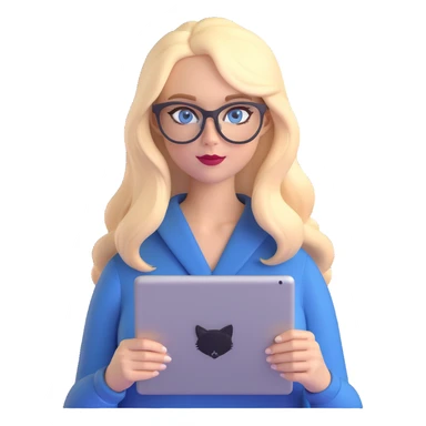 a blonde woman with long hair and blue eyes wearing black cat-eye glasses holding a graphic tablet sticker