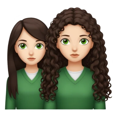 Two scornful girls, 1: long ironed straight darkbrown hair, green eyes, 2: long curly darkbrown hair, brown eyes sticker