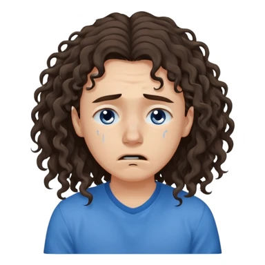 white young long dark brown CURLY hair, with a blue shirt, in despair crying, brown eyes, septum nose piercing sticker