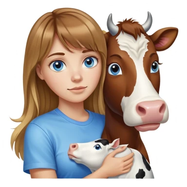 Woman with brown hair long and blonde highlights, bangs in front, blue eyes, white t shirt hugging a cow sticker