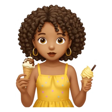 a little black girl kid with curly hair, yellow dress, eat ice cream sticker