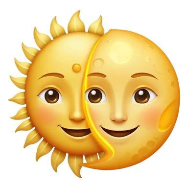 a really bright  big sun and a small moon who shines because of it. the sun is bigger and the tiny \moon bright too beside it smiling looking at each other sticker
