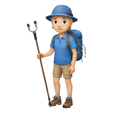 a full-body hiker with a hat blue shirt and hiking stick.hiking a mountain sticker