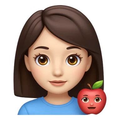 3D emoji sticker of a cute girl, Apple Memoji style, dark brown hair, brown eyes, long eyelash extensions, soft facial features, clean white background, smooth lighting, high quality, cute and friendly expression sticker