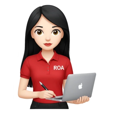 Gere um emoj estilo IOS de uma garota branca, de longos cabelos pretos vestida com um uniforme composto por uma camiseta estilo gola polo vermelha com um detalhe escrito em branco a palavra "RODA" e uma calca preta. Ela deve segurar em uma das maos um mackbook e na outra uma caneta sticker