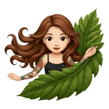 cute woman long wavy brown hair tattoos sliding down leaf sticker