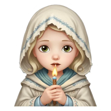 A small girl in a worn winter dress and shawl, holding a glowing matchstick close to her face, eyes wide with soft hope.
 sticker