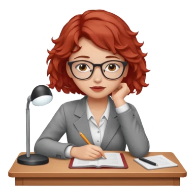 Pretty model, brown eyes, soft red short wavy hair, falling asleep at desk, wearing glasses sticker