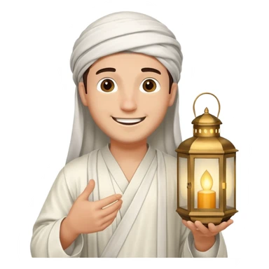 Young man with a happy smile, wearing a traditional white thobe and holding a lantern. sticker