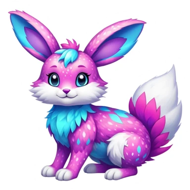 Vibrant multicolored neon-colored Falvie-Fionbri-creature-sparkle-rabbit-hybrid-fursona, full body, fur pattern-markings sticker
