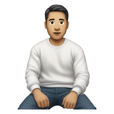 asian man in white sweatshirt lying in front of car sticker
