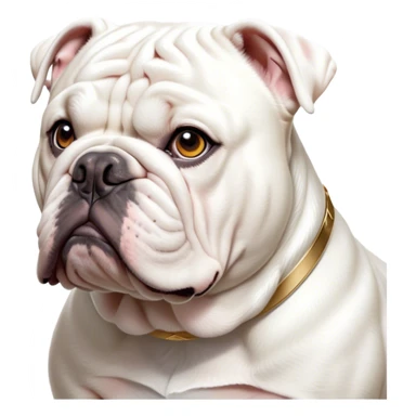 Cinematic Noble White English Bulldog Portrait Emoji, Poised and regal, with a sturdy, muscular build and a pristine, well-groomed pure white coat, deep-set soulful brown eyes, Simplified yet sharp and sophisticated features, highly detailed, glowing with a soft, dignified glow, high shine, intelligent and resolute, stylized with an air of authority, focused and attentive, soft glowing outline, capturing the essence of a watchful and confident guardian, so majestic it feels as though it could lumber out of the screen with effortless authority! sticker